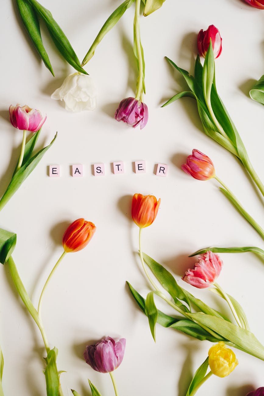 easter word spelled with scrabble tiles surrounded with tulip flowers